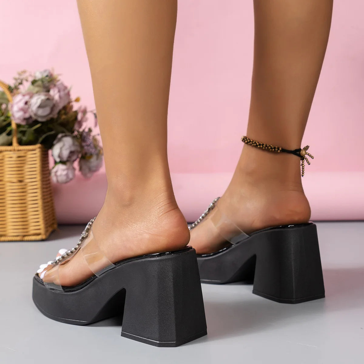 Sandals Women Clear Strap Chunky Heeled Sandals Women Platform Wedges High Heels Shoes Flip Flops Beach Slippers Dress Crystal