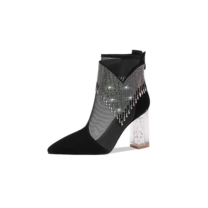 Rubber Soled Dance Boots Women 2025 Spring Pointy Rhine-diamond Tassel High Heel Mesh Latin Jazz Modern Dance Shoes Stage Show