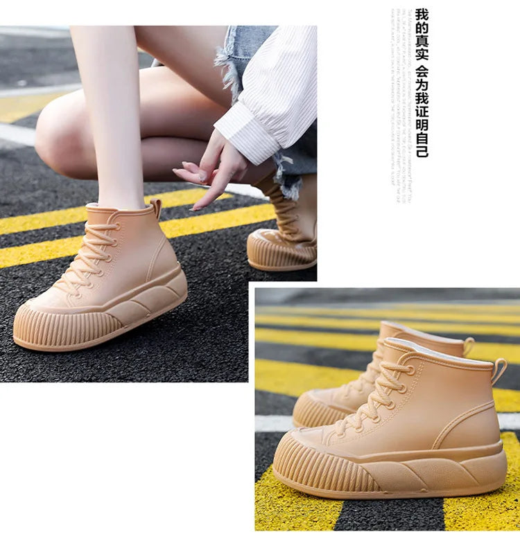 2025 New plush galoshes waterproof rain boots women's rubber platform shoes for lady ankle wide toe rainboots water shoes woman