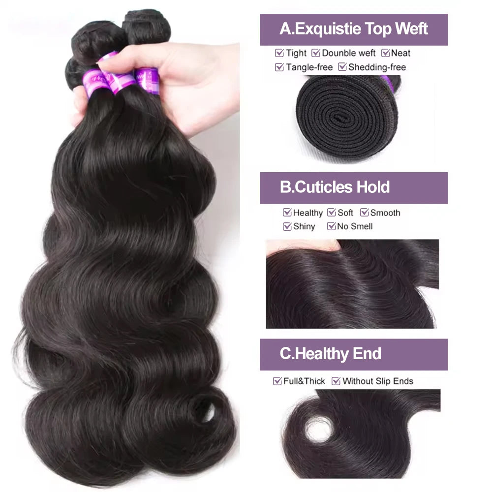 Body Wave Bundles Human Hair Brazilian Hair Weave Bundles 1/3/4 PCS 100% Human Hair Extensions Natural Black Colored For Women