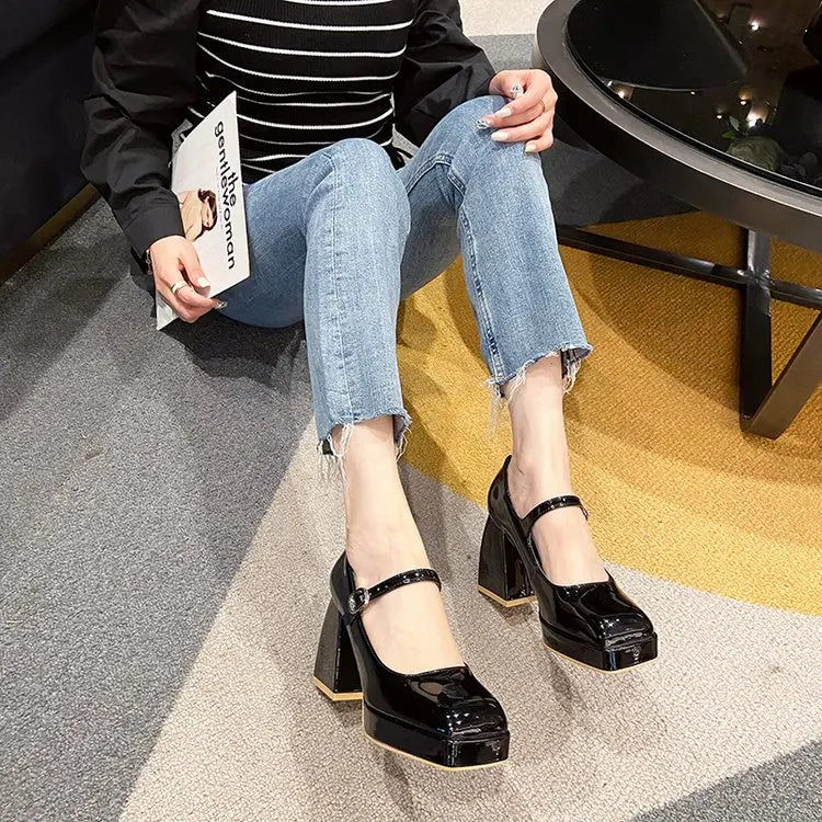 Platform Pumps Women's 2023 Square Toe Thick Heels Mary Janes Women's Patent High Heels Party Shoes Square Toe Square Heel