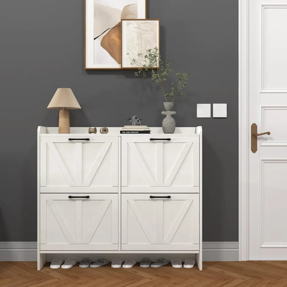 Shoe Cabinet with 4 Flip Drawers, Shoe Storage Cabinet for Entryway, Freestanding Hidden Shoe Cabinet Organizer, Oak White