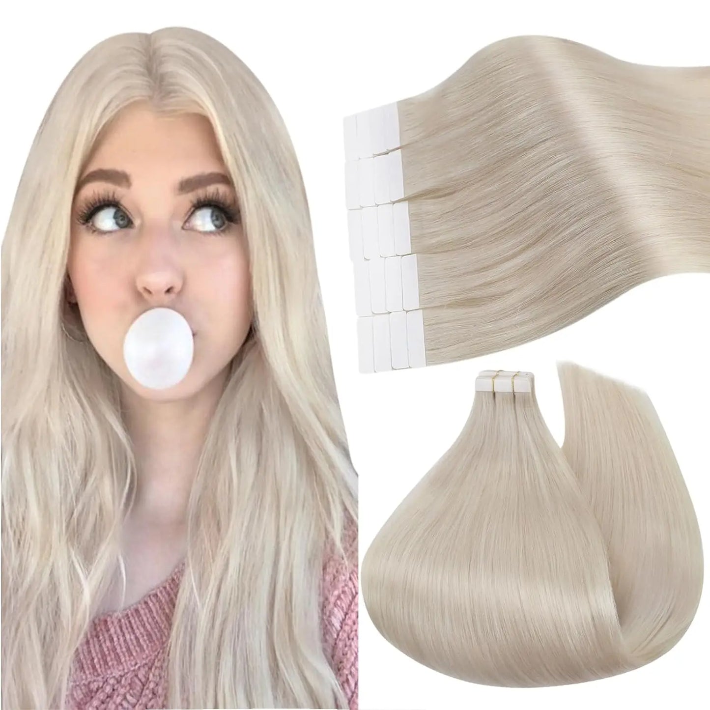 Ugeat Tape in Hair Extensions Human Hair Blonde Remy Tape in Extensions for Women Platinum Blonde Invisible Human Hair