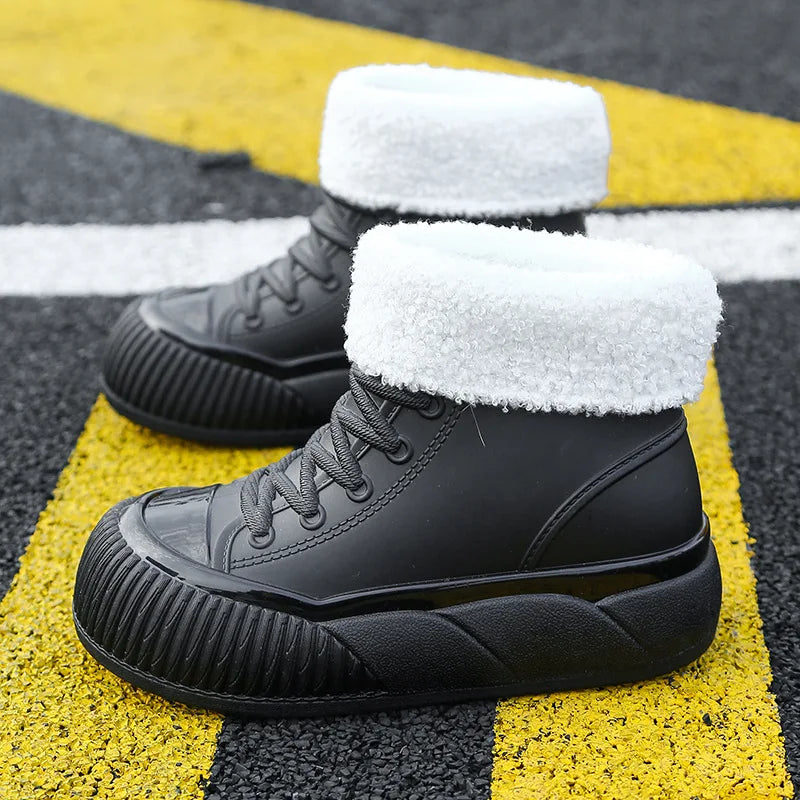 2025 New plush galoshes waterproof rain boots women's rubber platform shoes for lady ankle wide toe rainboots water shoes woman