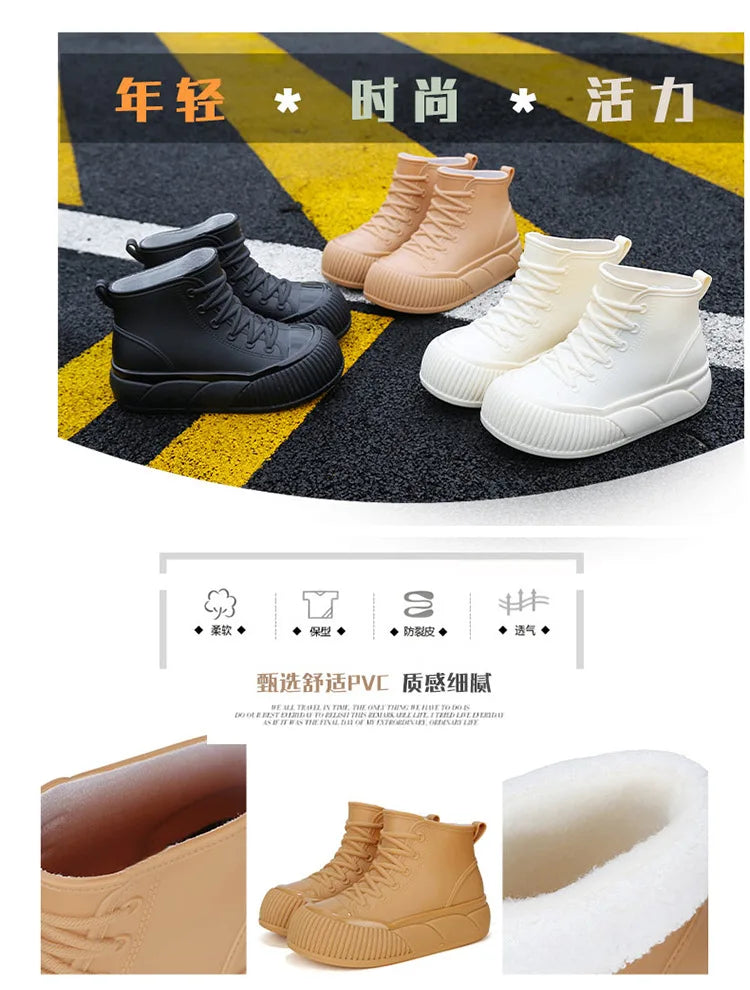 2025 New plush galoshes waterproof rain boots women's rubber platform shoes for lady ankle wide toe rainboots water shoes woman