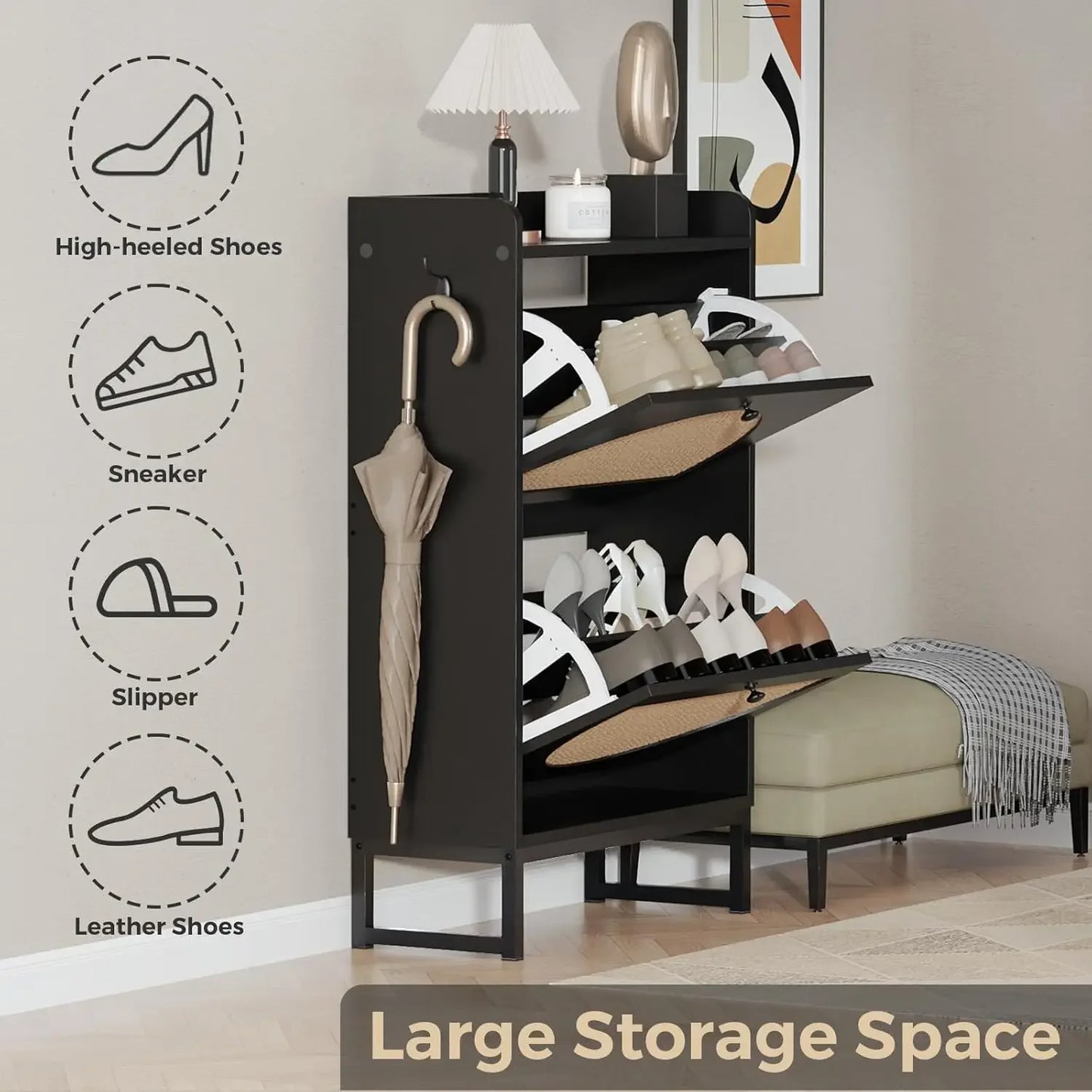 Shoe Cabinet with 2 Handmade Natural Rattan Flip Drawers, Entryway Shoe Rack Storage Organizer for Sneakers, Slippers