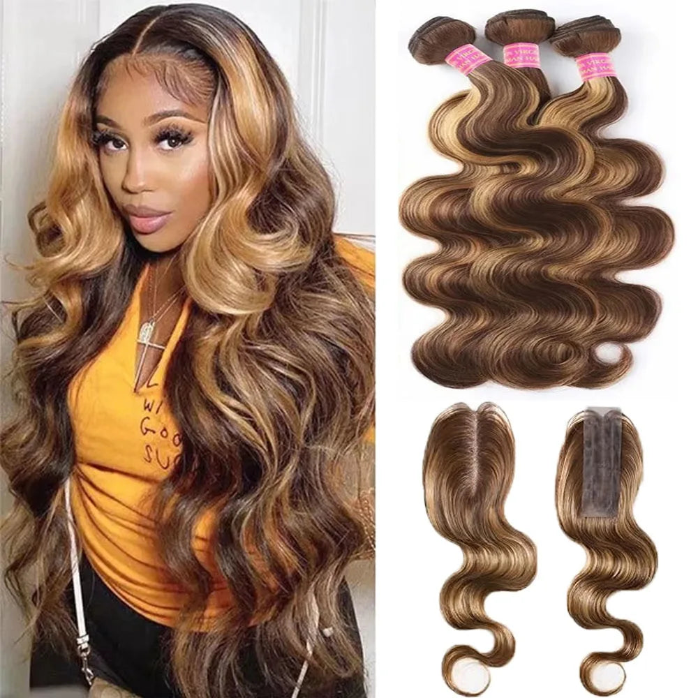 Body Wave Highlight Raw Bundles Human Hair 100% 4/27 Colored Brazilian Hair Extensions Quick Weaves Water Wave Bundles 3 Bundles