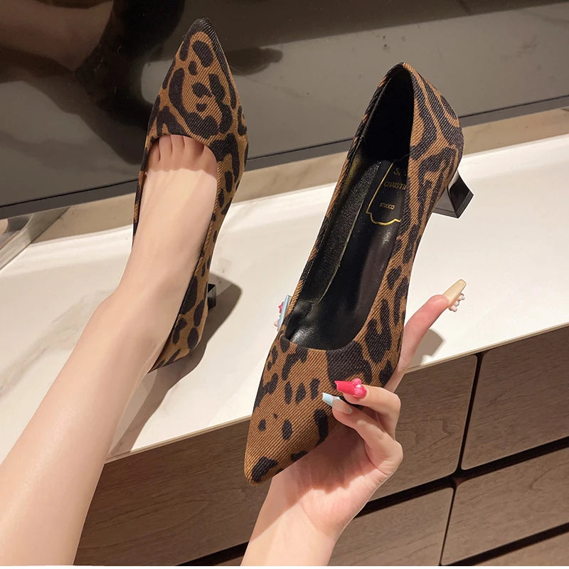 Leopard Print Women High Heel Shoes Fashion Pointed Toe Shallow Shoes Party Dress Ladies Pumps Shoes