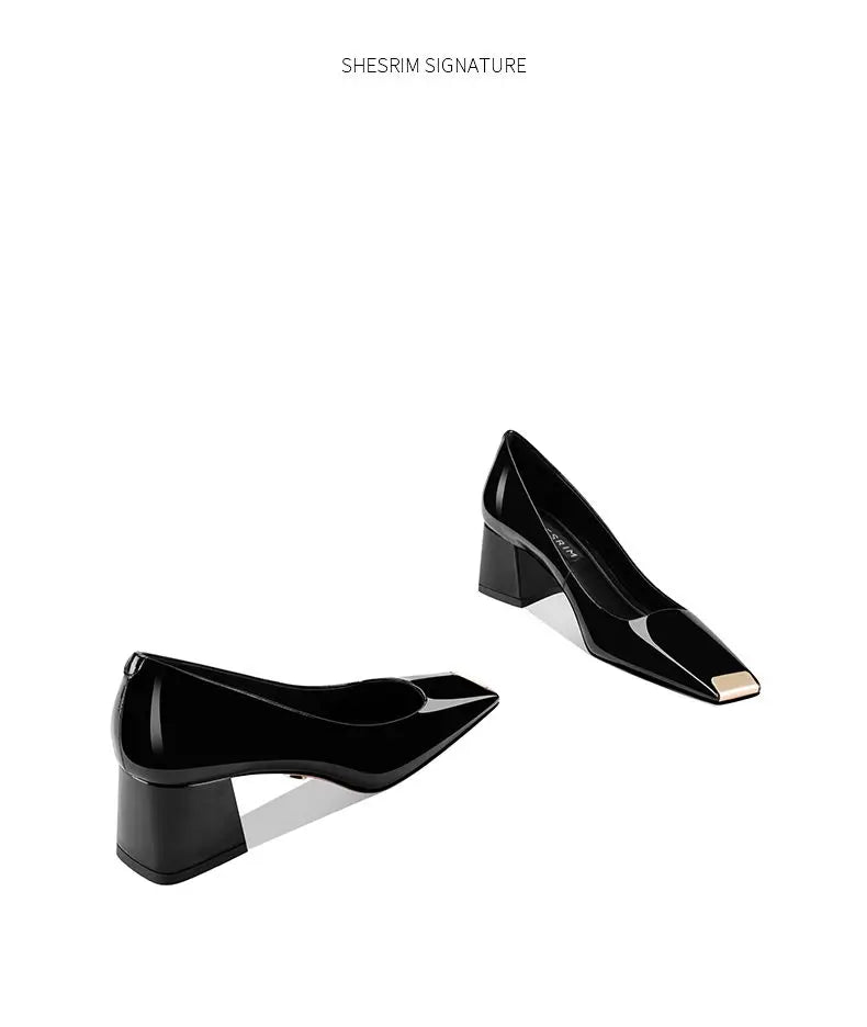 2025 new spring ladies pumps chunky heels leather square head shallow mouth with fashion comfortable commuter work women's shoes