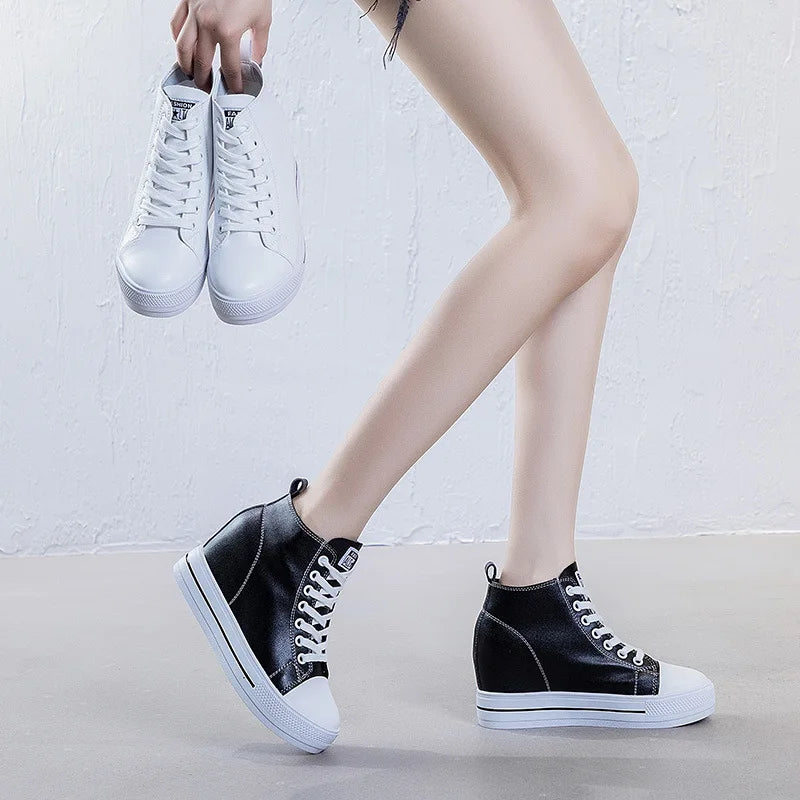 2025 Genuine Leather Shoes New Autumn Winter Lace-up High-top Women Sneaker Shoes High Heels Increase Within Wedges Casual Shoes