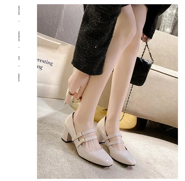 2025 Spring Autumn Women Double Buckle Mary Janes Shoes Patent Leather Dress Square Head Square Heel Solid Color Women's Shoes