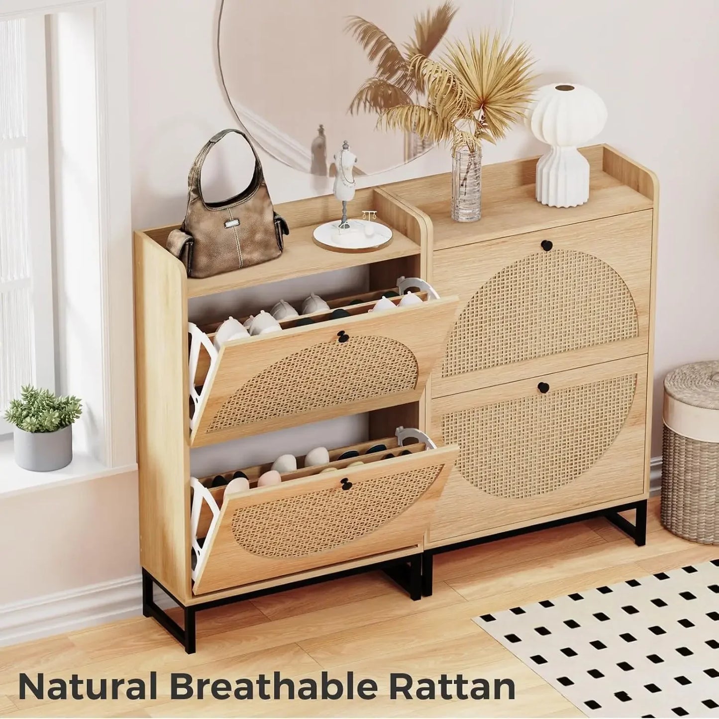 Shoe Cabinet with 2 Handmade Natural Rattan Flip Drawers, Entryway Shoe Rack Storage Organizer for Sneakers, Slippers
