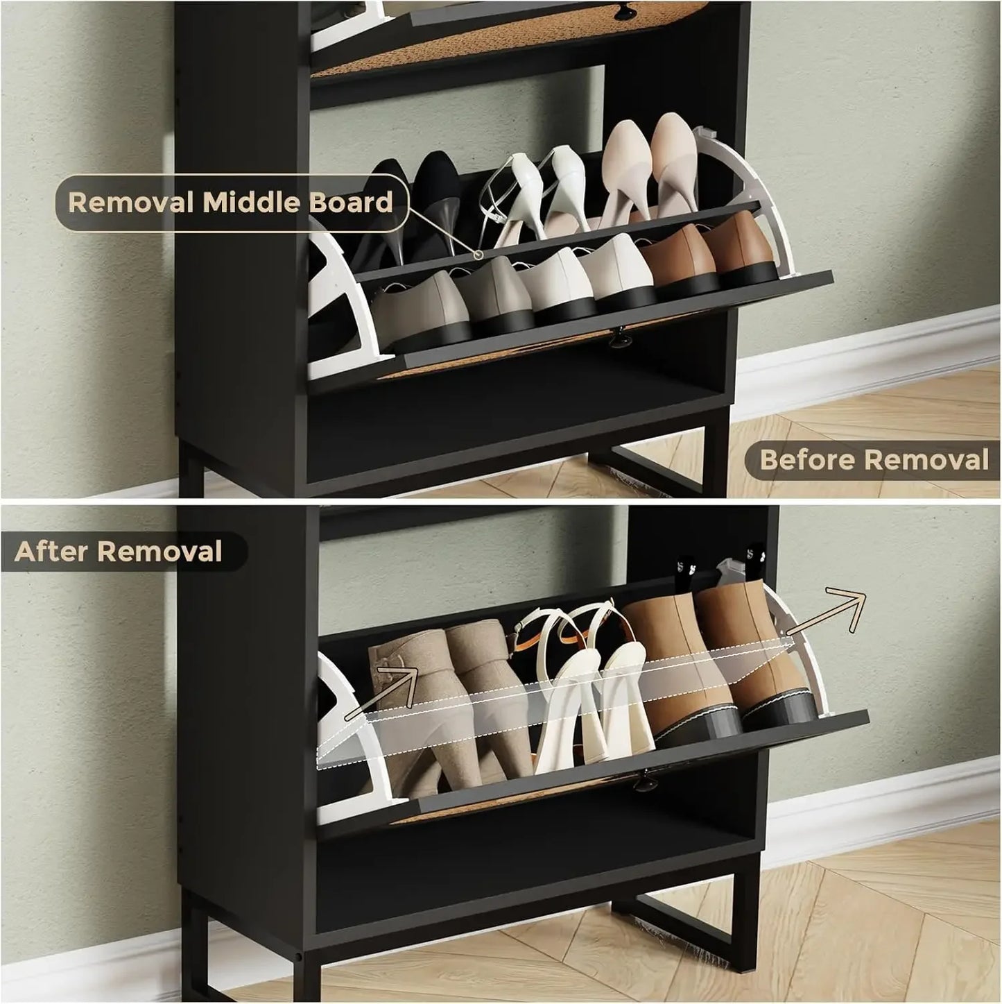 Shoe Cabinet with 2 Handmade Natural Rattan Flip Drawers, Entryway Shoe Rack Storage Organizer for Sneakers, Slippers
