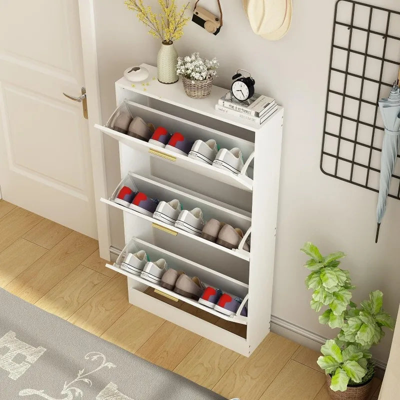 Shoe Cabinet with 2 Flip Drawers - Narrow Shoes Storage for Entryway, Freestanding Hidden