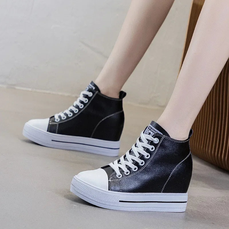 2025 Genuine Leather Shoes New Autumn Winter Lace-up High-top Women Sneaker Shoes High Heels Increase Within Wedges Casual Shoes