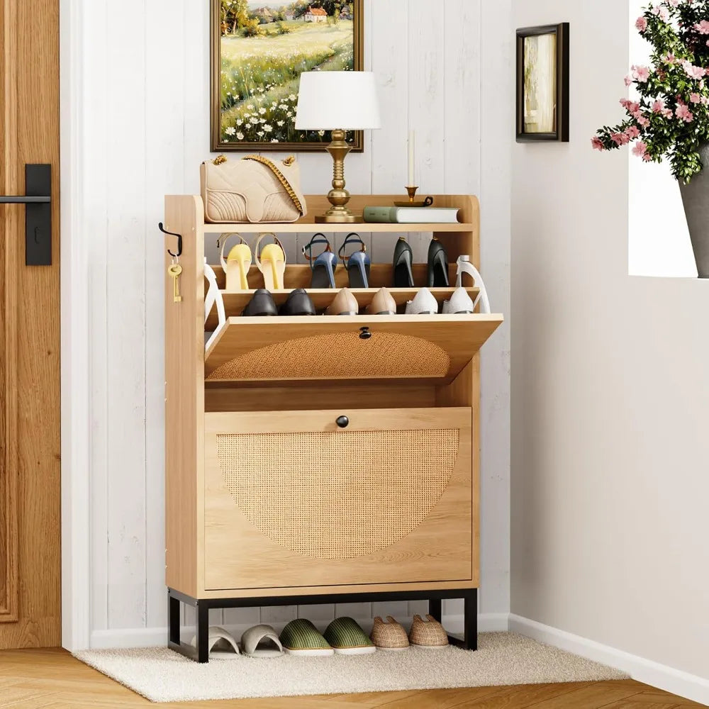 Shoes cabinet.Shoe Cabinet with 2 Flip Drawers, Natural Rattan Freestanding Shoe Cabinet Storage for Entryway, Slim Shoes