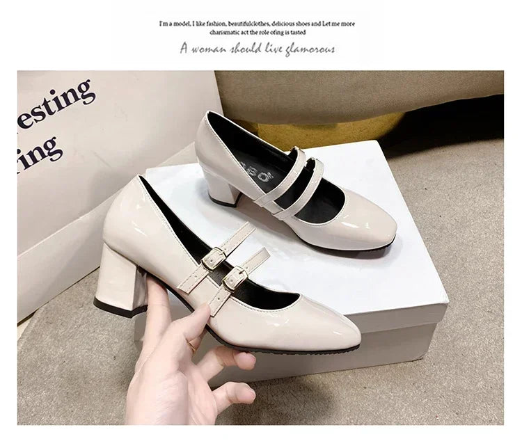 2025 Spring Autumn Women Double Buckle Mary Janes Shoes Patent Leather Dress Square Head Square Heel Solid Color Women's Shoes