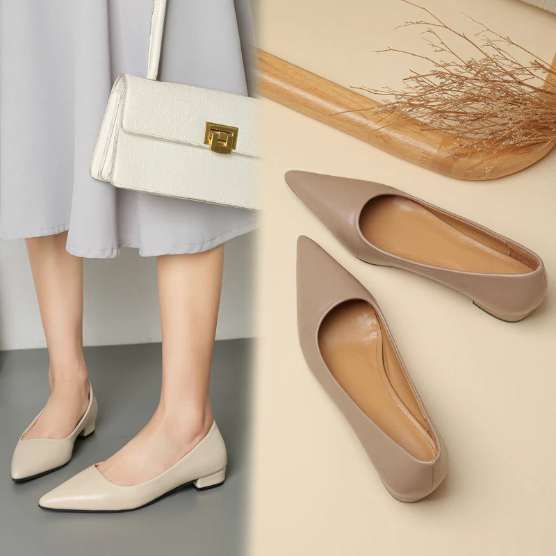 New Pointed Toe Shallow Mouth Square Heel Small Leather Shoes Women's Elegant Fashion High Heels Dress Shoes Zapatos Mujer