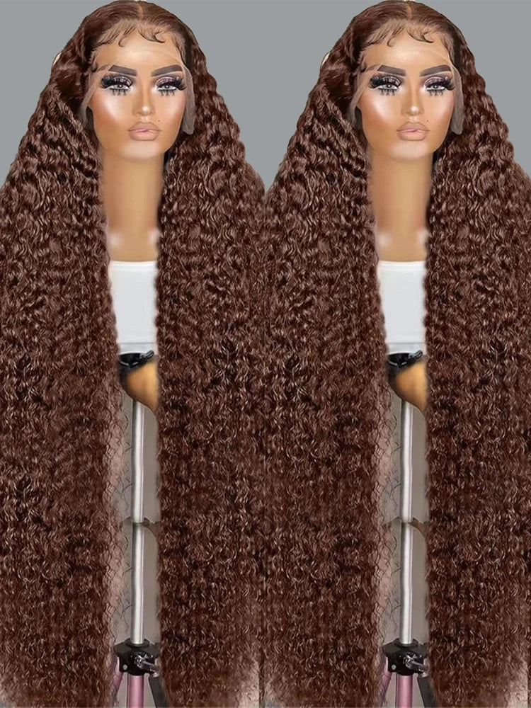 200% Chocolate Brown Deep Wave Human Hair Wig 30 34Inch Transparent Lace Frontal Wigs For Women 13x6 Lace Front Water Curly Wigs