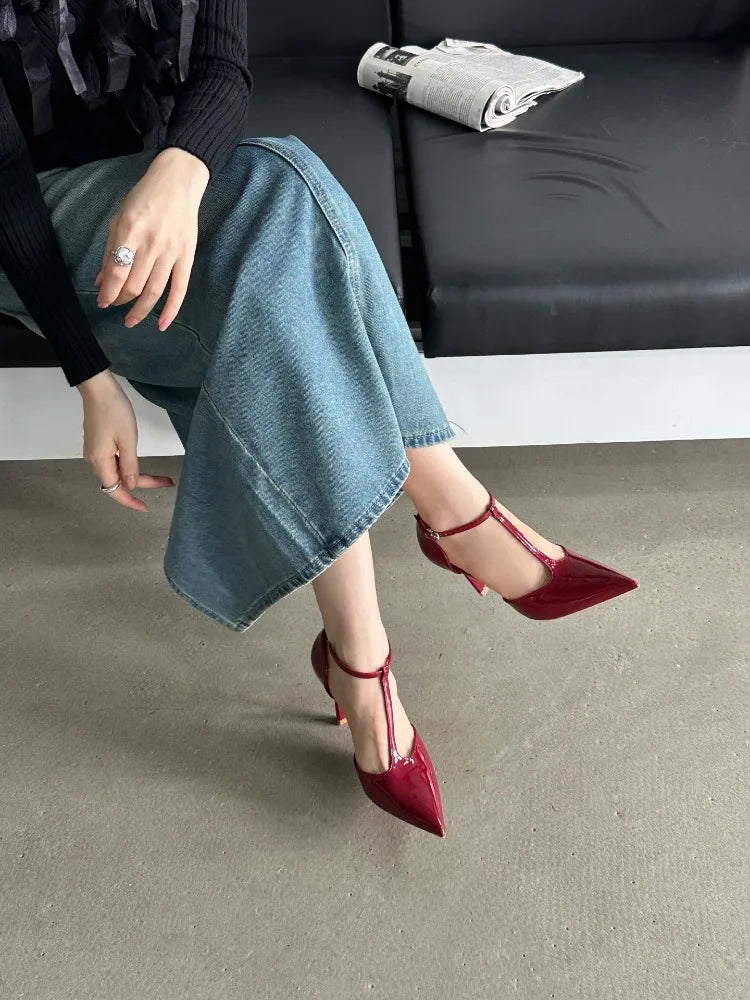 Sexy Red High Heels Women Pointed Toe Party Dress Shoes T-Strap Patent Leather Elegant Slingback Thin Heels Female Sandals Women