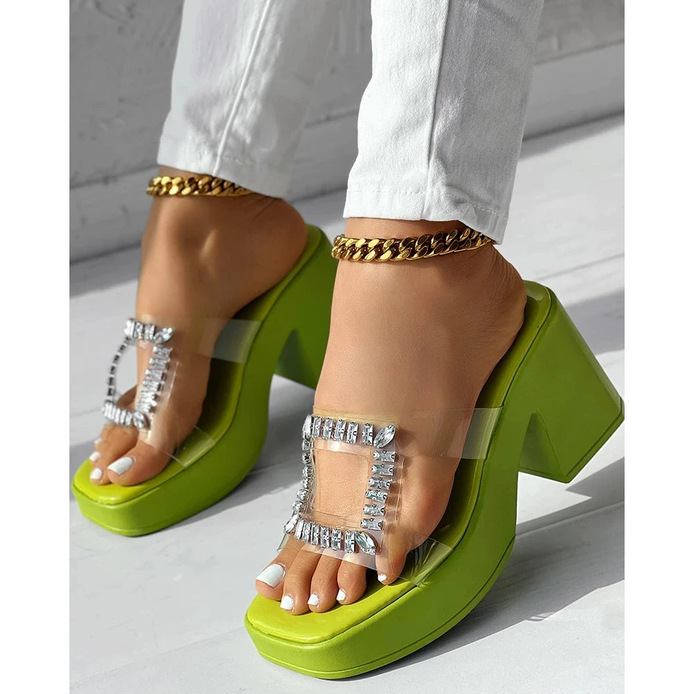 Sandals Women Clear Strap Chunky Heeled Sandals Women Platform Wedges High Heels Shoes Flip Flops Beach Slippers Dress Crystal