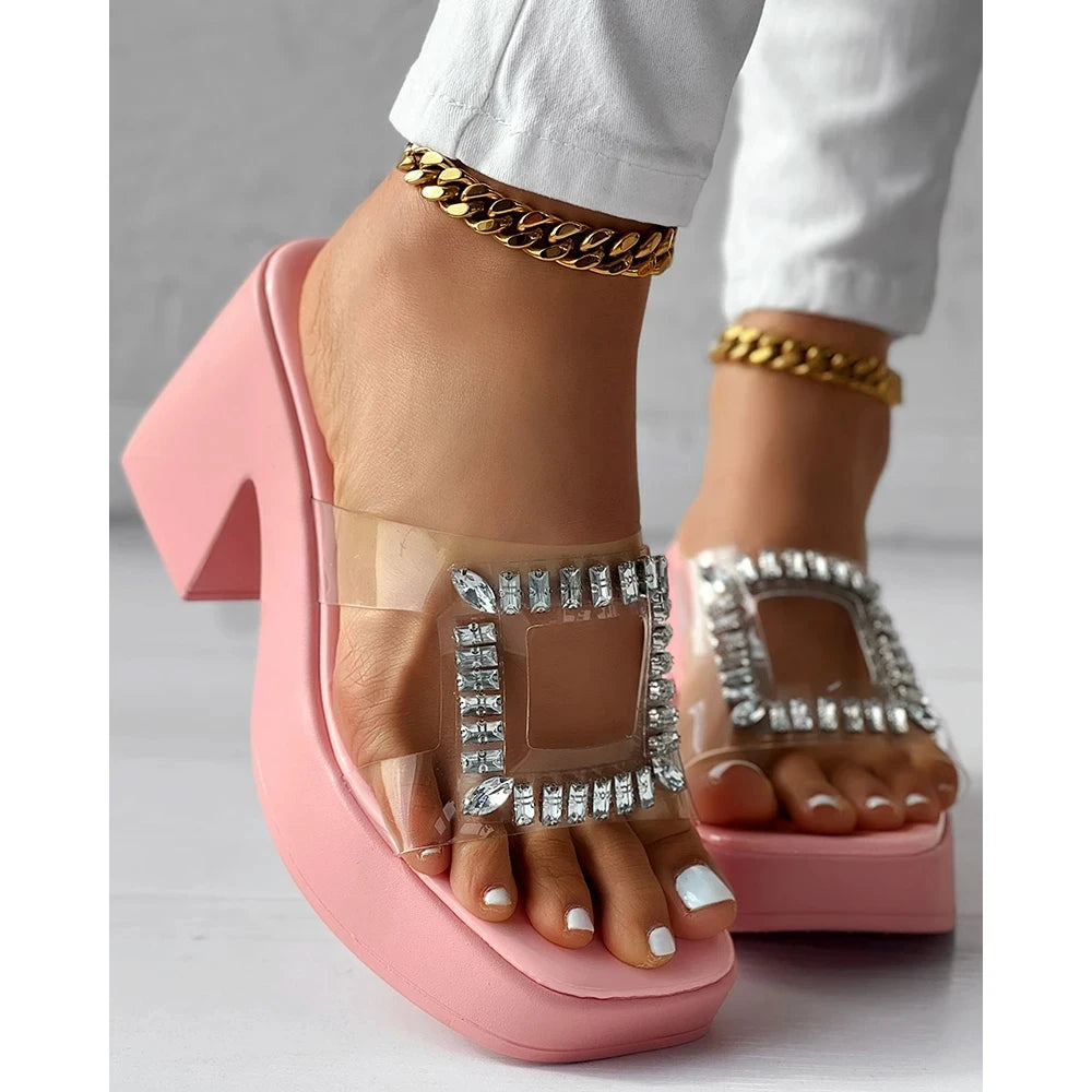 Sandals Women Clear Strap Chunky Heeled Sandals Women Platform Wedges High Heels Shoes Flip Flops Beach Slippers Dress Crystal