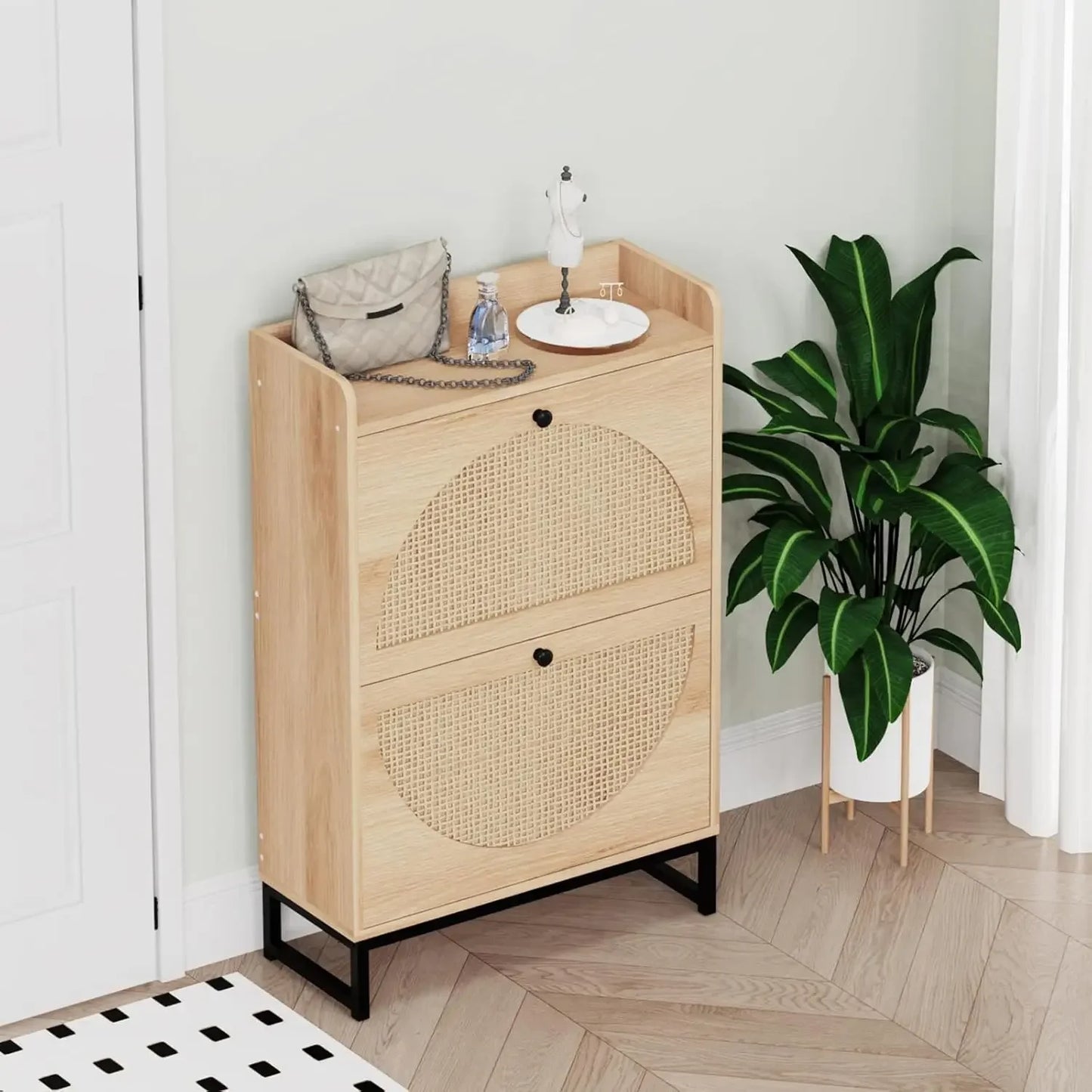 Shoe Cabinet with 2 Handmade Natural Rattan Flip Drawers, Entryway Shoe Rack Storage Organizer for Sneakers, Slippers