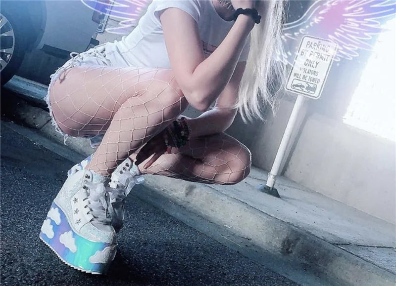 Colorful clouds Platform Shoes For Woman Punk Style Lace-up High Heel Wedges Shoes Sweet Women Ankle Boots For Mujer Shoes 2025
