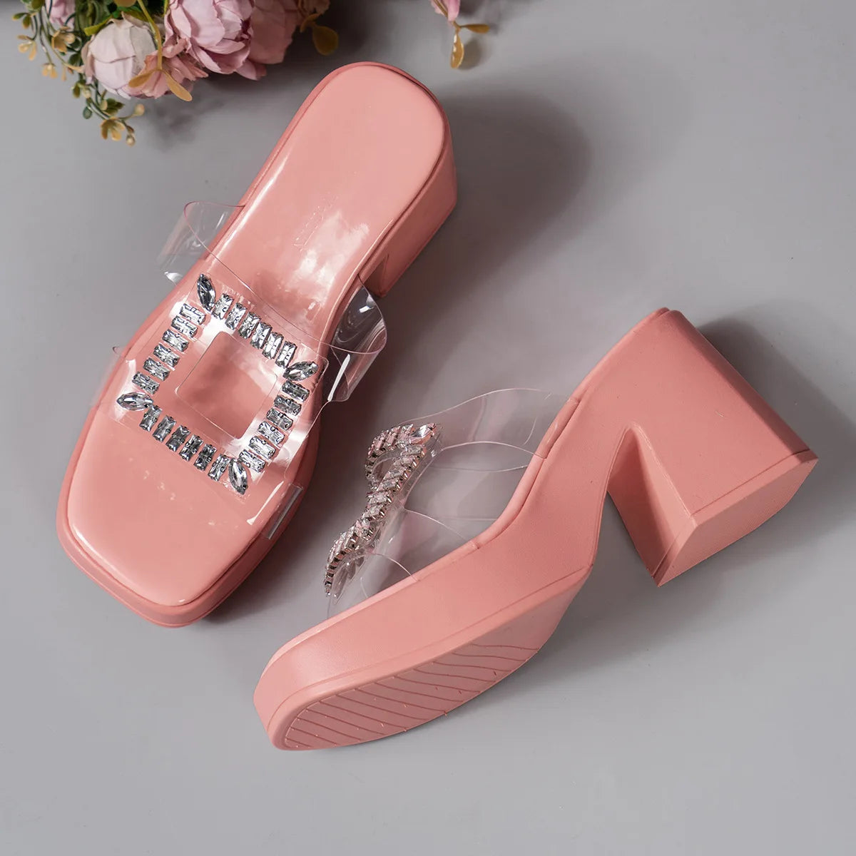 Sandals Women Clear Strap Chunky Heeled Sandals Women Platform Wedges High Heels Shoes Flip Flops Beach Slippers Dress Crystal
