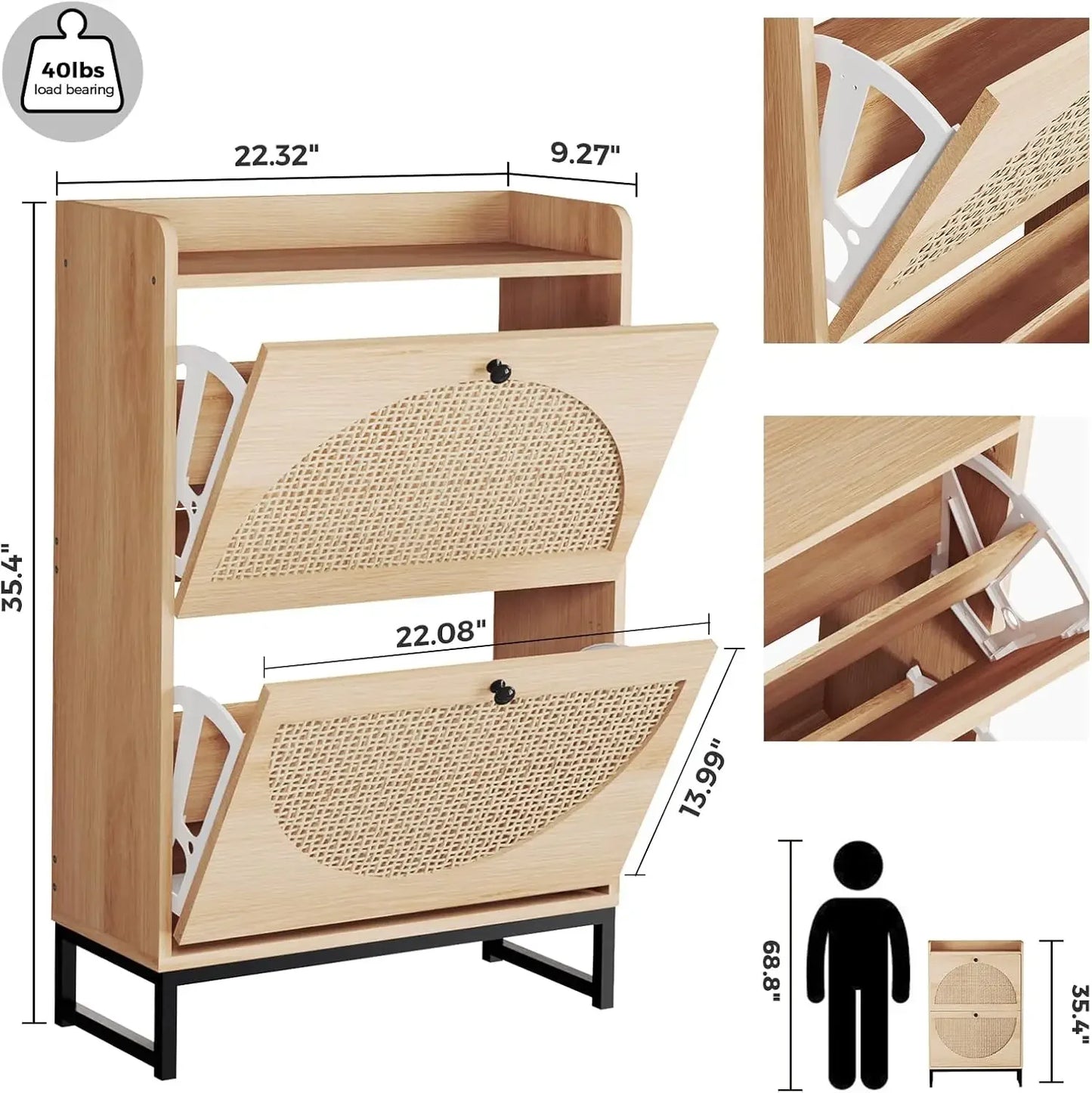 Shoe Cabinet with 2 Handmade Natural Rattan Flip Drawers, Entryway Shoe Rack Storage Organizer for Sneakers, Slippers