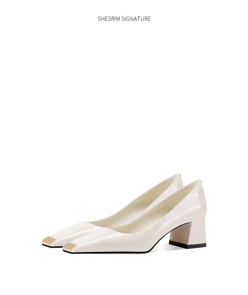 2025 new spring ladies pumps chunky heels leather square head shallow mouth with fashion comfortable commuter work women's shoes