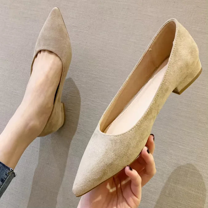 Woman Closed Back Snug Shoes Low Heels 2cm Null Pumps Pointy Toe Slip-On Red Black Beige Narrow Feet Seam Mocasines 34-43 25cm