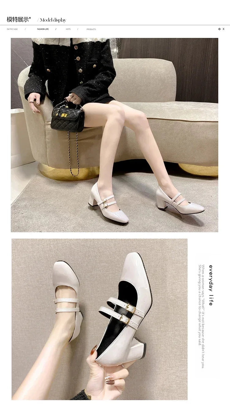 2025 Spring Autumn Women Double Buckle Mary Janes Shoes Patent Leather Dress Square Head Square Heel Solid Color Women's Shoes