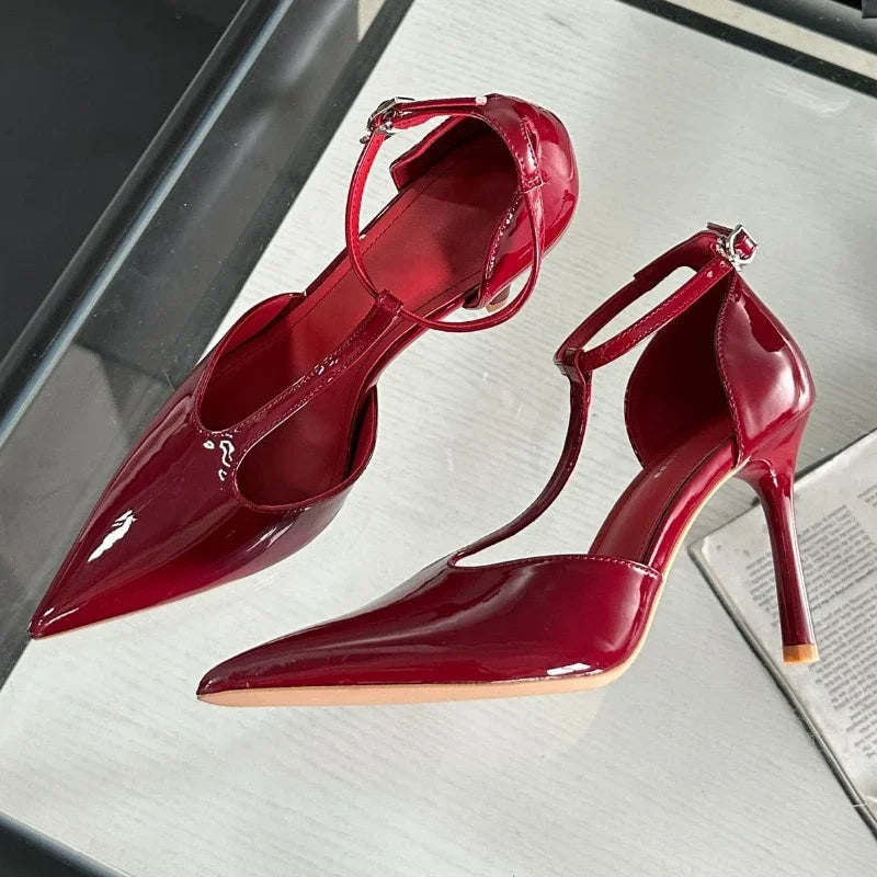 Sexy Red High Heels Women Pointed Toe Party Dress Shoes T-Strap Patent Leather Elegant Slingback Thin Heels Female Sandals Women