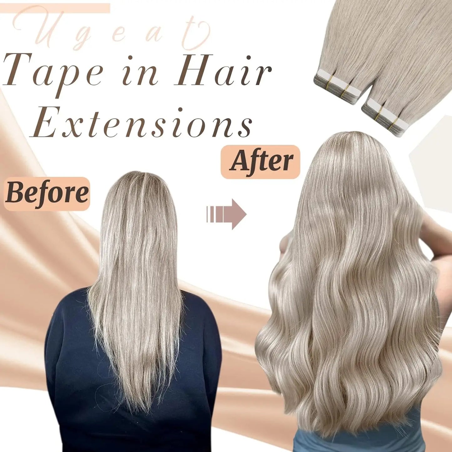Ugeat Tape in Hair Extensions Human Hair Blonde Remy Tape in Extensions for Women Platinum Blonde Invisible Human Hair