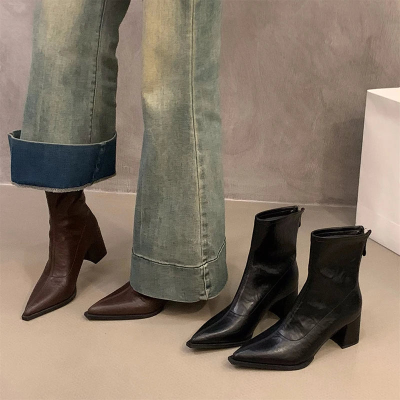 Designer Vintage Women Ankle Boots Fashion Pointed Toe Short Booties Elegant High Heels Shoes Botas Mujer
