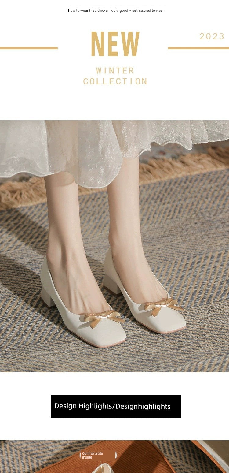2024 Spring New Arrival Square Toe Chunky Heel Graceful Bow High Heels Joker Women Casual Shoes Mid Heel Comfortable Shoes