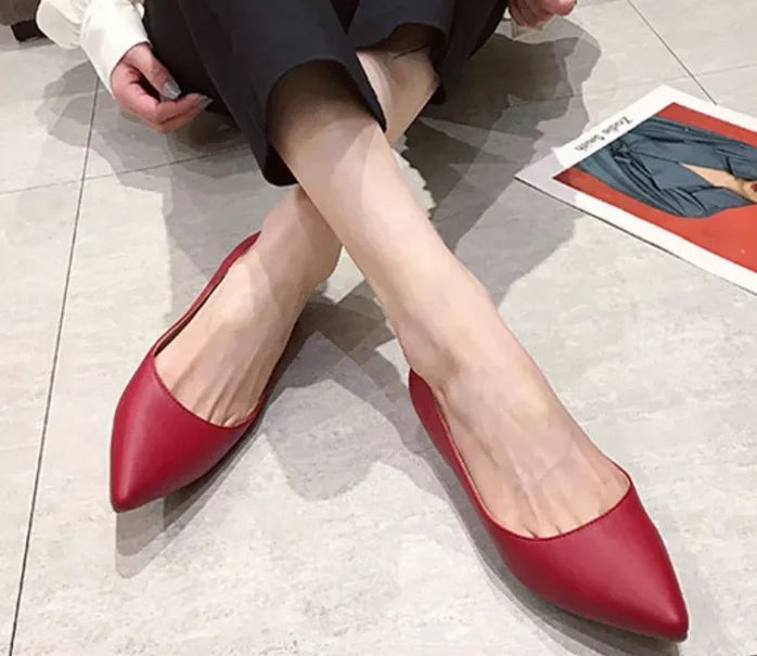 Woman Closed Back Snug Shoes Low Heels 2cm Null Pumps Pointy Toe Slip-On Red Black Beige Narrow Feet Seam Mocasines 34-43 25cm