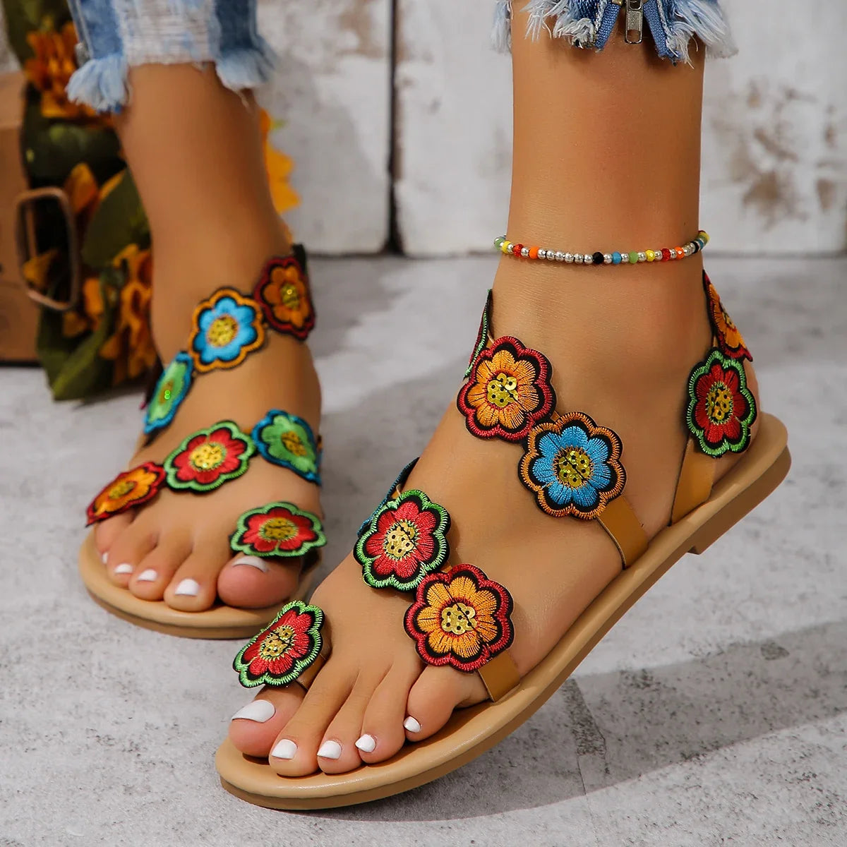 Yellow Embroidered Faux Flower Fashion Sandals Flat Plus Size 43 Summer Outdoor Beach Shoes Travel Mom Shoes