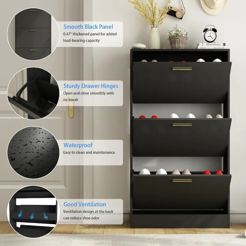 Shoe Cabinet with 2 Flip Drawers - Narrow Shoes Storage for Entryway, Freestanding Hidden