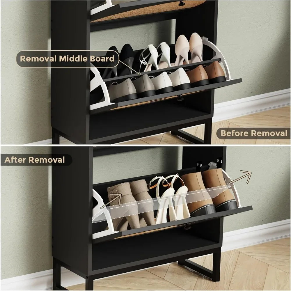 Shoe Cabinet with 2 Handmade Natural Rattan Flip Drawers, Entryway Shoe Rack Storage Organizer for Sneakers, Slippers