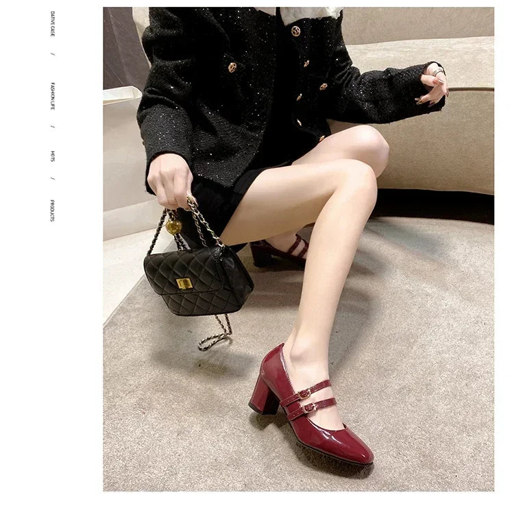 2025 Spring Autumn Women Double Buckle Mary Janes Shoes Patent Leather Dress Square Head Square Heel Solid Color Women's Shoes