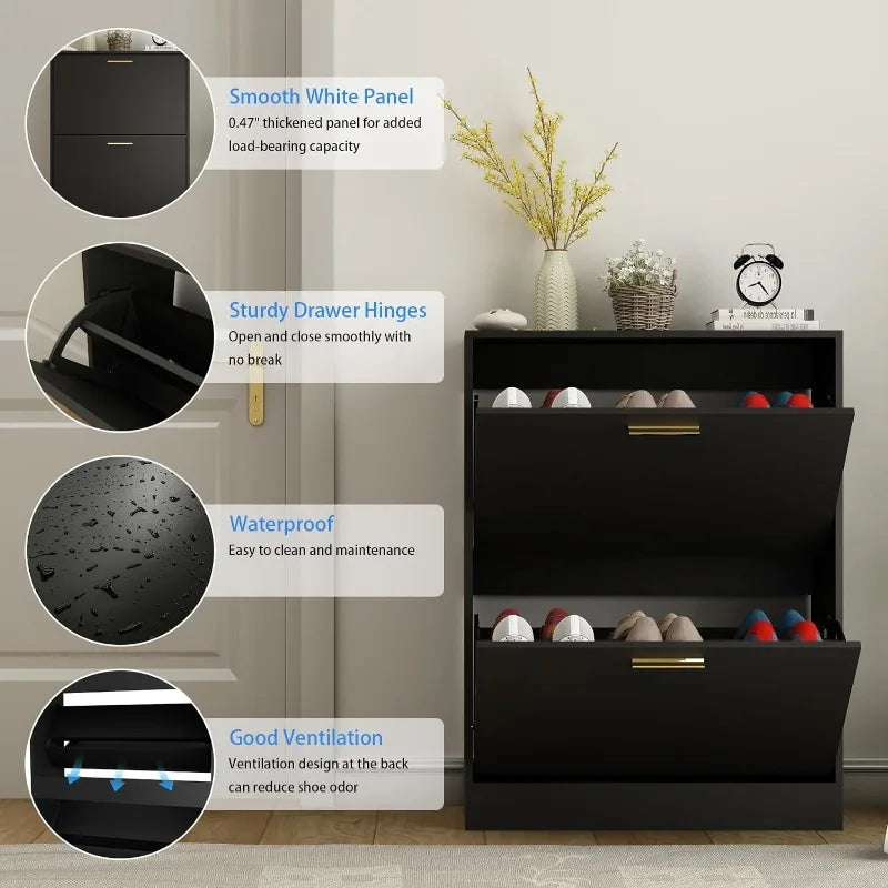 Shoe Cabinet with 2 Flip Drawers - Narrow Shoes Storage for Entryway, Freestanding Hidden
