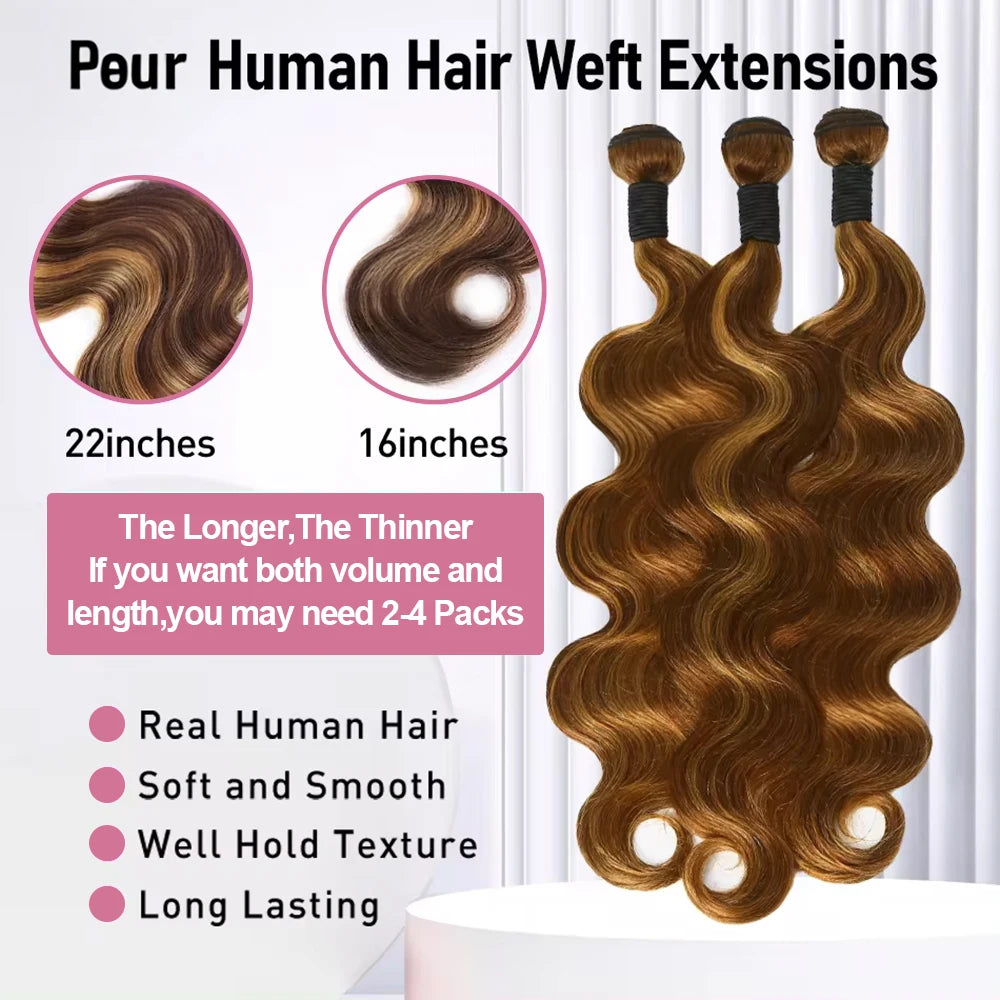 Body Wave Highlight Raw Bundles Human Hair 100% 4/27 Colored Brazilian Hair Extensions Quick Weaves Water Wave Bundles 3 Bundles