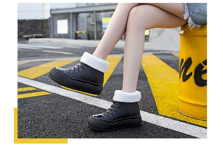 2025 New plush galoshes waterproof rain boots women's rubber platform shoes for lady ankle wide toe rainboots water shoes woman