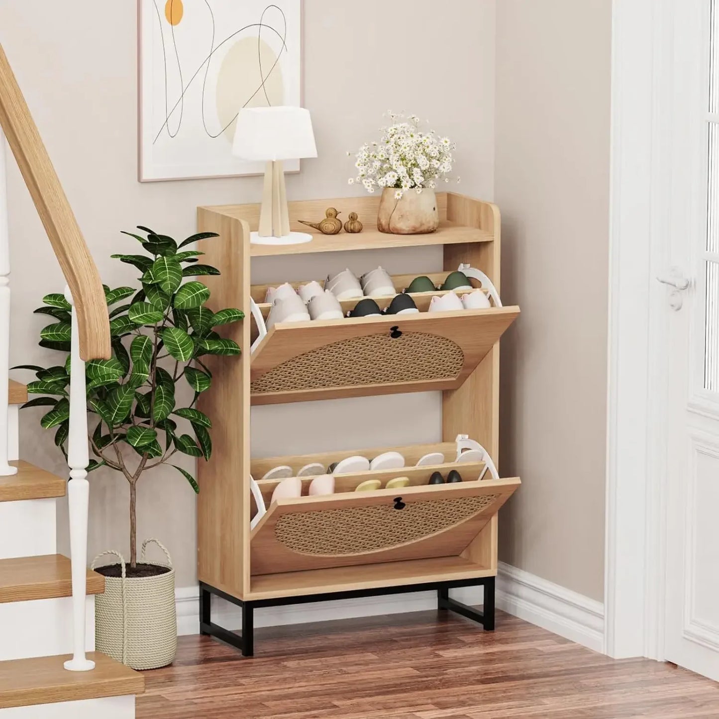 Shoe Cabinet with 2 Handmade Natural Rattan Flip Drawers, Entryway Shoe Rack Storage Organizer for Sneakers, Slippers