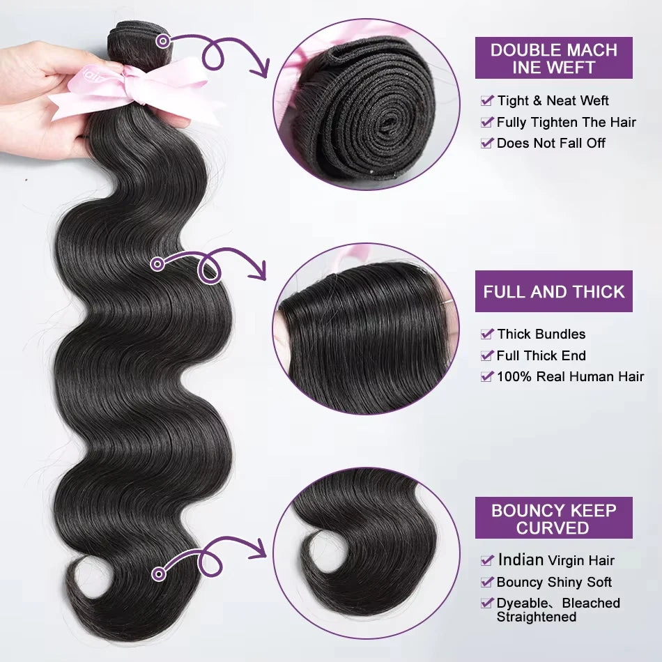 30 40 Inch Body Wave Raw 2 3 4 Bundles Indian 100% Unprocessed Human Hair Wavys Double Drawn Virgin Bundles Weave Extensions