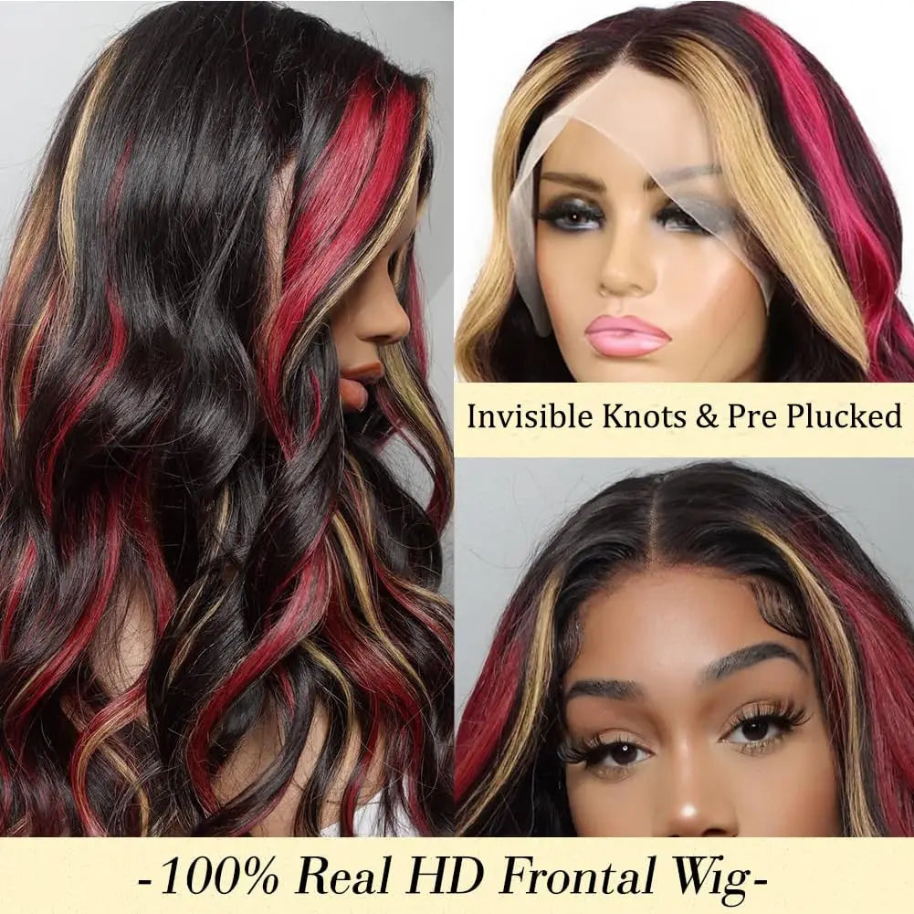 Skunk Stripe Wigs Black Red Blonde Highlights 13x4 HD Synthetic Lace Front Wigs Highlight Body Wave Lace Wig Pre Plucked
