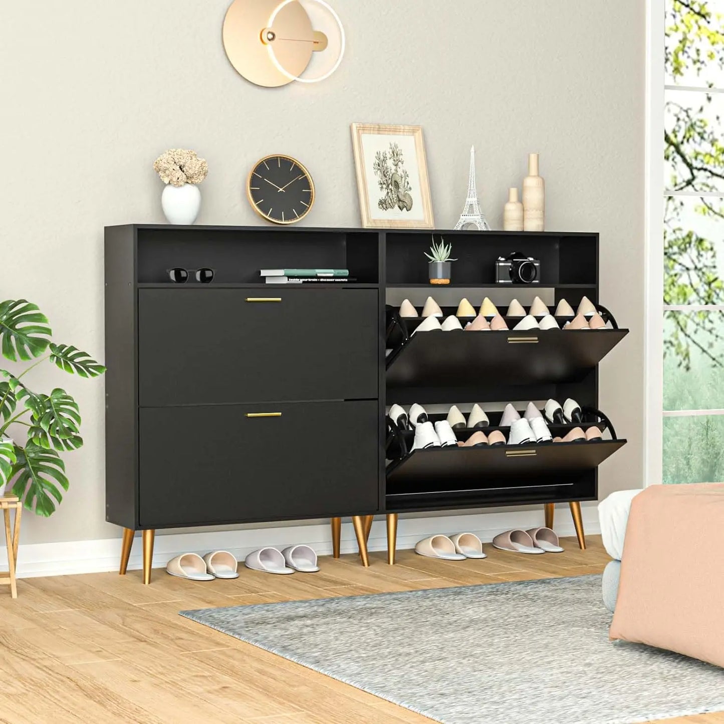 Shoe Cabinet with 2 Flip Drawers - Narrow Shoes Storage for Entryway, Freestanding Hidden