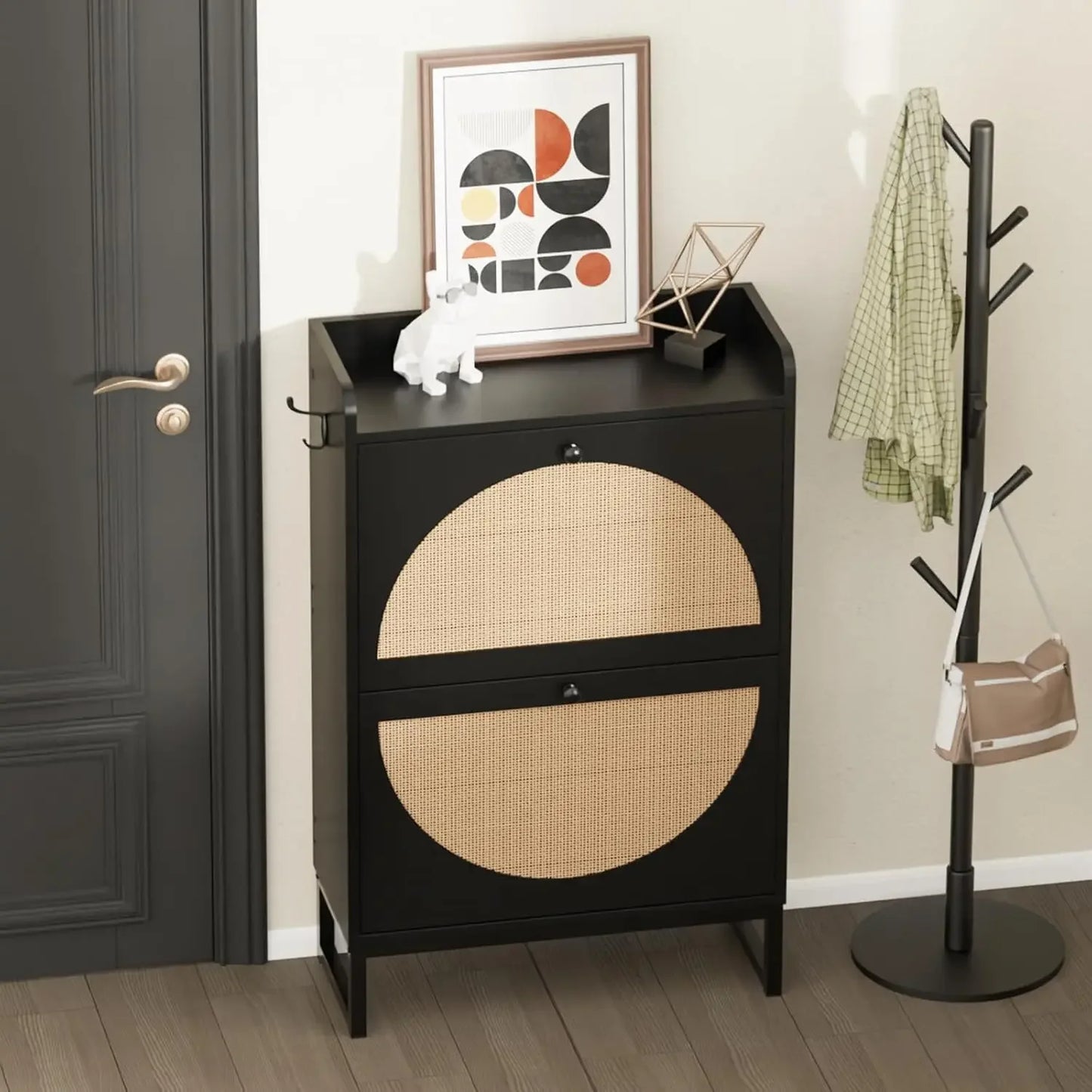Shoe Cabinet with 2 Handmade Natural Rattan Flip Drawers, Entryway Shoe Rack Storage Organizer for Sneakers, Slippers
